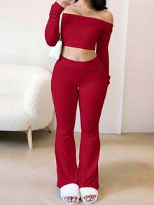 2-Piece Set (Two Items In One Set) - Women's Off-Shoulder Long-Sleeved Halter Top And Fitted Flared Pants, In Solid Color. - 紅色 - 查看 3