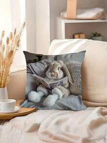 1/2/4pcs Cute Rabbit Reading Pillow Cover - Soft Polyester Fabric, Single-Sided Print, Zipper Closure, Ideal For Living Room And Bedroom Decor, Hand Wash Only, Without Pillow Insert, Perfect Gift For Mother's Day And Easter, Rabbit Themed Decoration - Grey - View 5