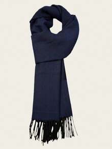 1pc New Solid Color Herringbone Scarf, Unisex Autumn/Winter Knitted Tasseled Warm Long Thick Boyfriend Gift, Neck Warmer, Blanket - Navy Blue - View 2