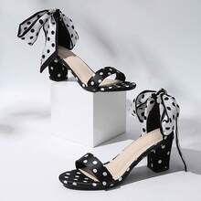 厚底时尚凉鞋、波点高跟鞋、法式丝带蝴蝶结罗马鞋 - 黑色 - 查看 14