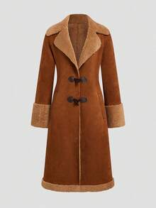 Valentine's Day, Date Night Outfit, Gifts For Her Women's Vintage Brown Faux Suede Sherpa Winter Trench Coat -  Western Style With Notch Lapel & Midi Length | Cozy Fleece Winter Jacket For Casual & Seasonal Wear - màu nâu - Xem 2