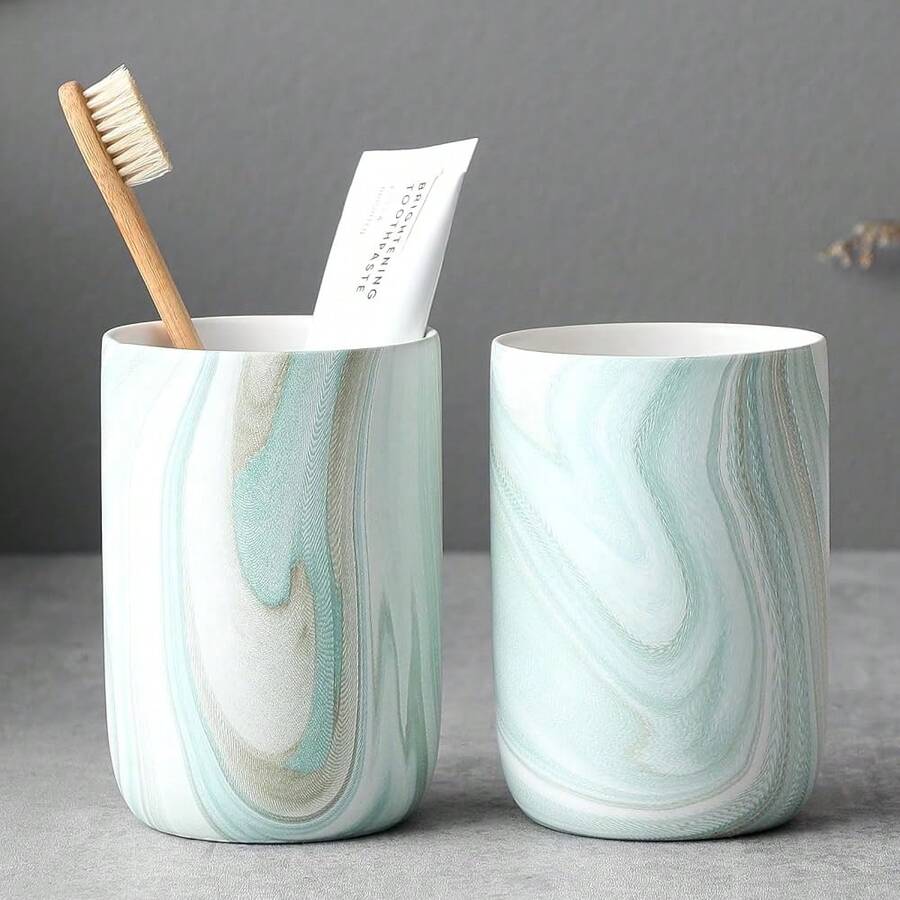 Green Marble Toothbrush Holders - Ceramic Toothbrush Holders For Bathrooms, Toothbrush Toothpaste Holders, Marble Bathroom Tumbler Cups Reusable Toothbrush Mouthwash Cup, Bathroom Counter Organizer,2pcs,GreenMarble - 綠大理石 - 查看 1