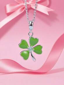1pc Silver-Tone Four-Leaf Clover Rhinestone Pendant Necklace, Versatile Jewelry Gift For Friends - one-size - View 6
