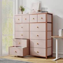 Tall Dresser, Dresser For Bedroom With 14 Drawers, Tall Bedroom Dresser For Bedroom, Large Fabric Dresser With Wood Top And Metal Frame, Mother's Day Decor, Room Decor, Home Decor, Festival Decor - 粉色 - 查看 1