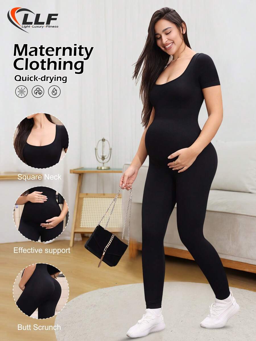 1pc Seamless Solid Color Short Sleeve Maternity Jumpsuit, Crafted With Seamless Knitting Technology For Perfect Body Fit. Black Skin-Friendly Fabric With Excellent Elasticity, Providing Flexibility And Support For The Abdomen, Suitable For Sports, Yoga, Jogging, Home, Commuting And Various Occasions.