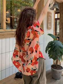 Polyester Floral & Leaf Print Button-Front Shirt, Casual Wear For Spring/Summer Vacation Pink - Pink - View 2