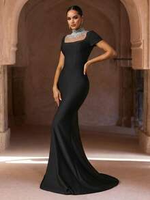 Elegant Black Mermaid Dress, Short Sleeve, Pearl Embellished High Collar, Dignified And Proper, Arabic Style Women's Clothing - Black - View 1