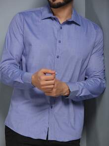 Men's Slim Fit Long-Sleeved Dress Shirt - Blue - View 4