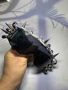 POLASUP 1件设计师原创超大金属链条铆钉装饰眼镜螺丝，手工DIY重型赛博朋克哥特西部风格男士角色扮演面具，时尚厚实手感[净重130克]眼镜 - 鉚釘&鏈條混合龐克眼鏡 - 查看 7