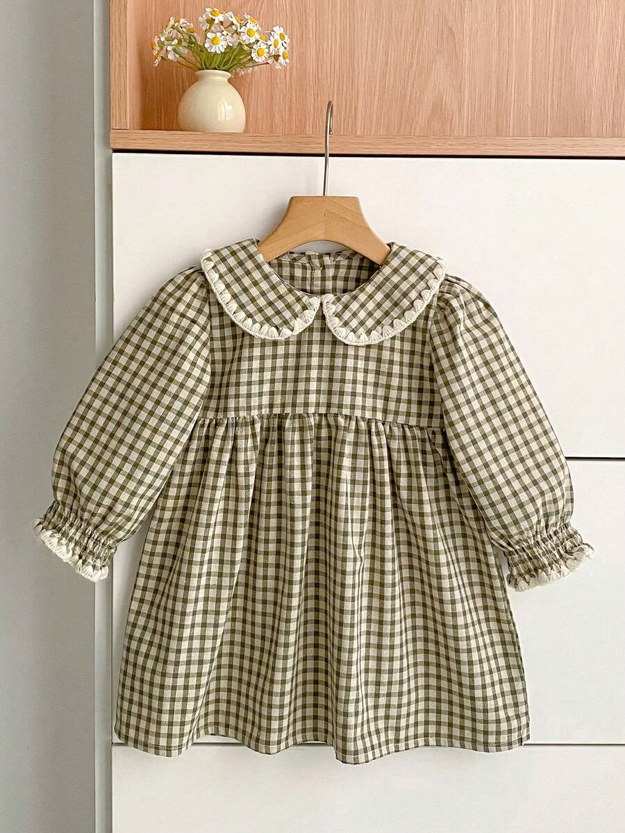 Girls' Plaid Peter Pan Collar Long Sleeve Dress, Sweet Princess Style, Spring/Autumn