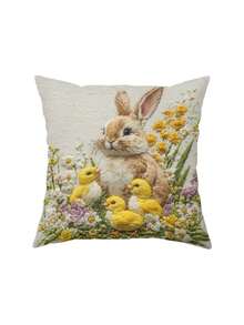 1/2/4pcs Modern Rabbit & Chick Embroidered Throw Pillow Covers, 17.7x17.7 Inches, Polyester Fabric, Machine Washable, Zipper Closure, Woven Decorative Cushion Covers, Suitable For Various Rooms, Easter Home Decor, Autumn Decoration, Room Decor - Beige - View 8