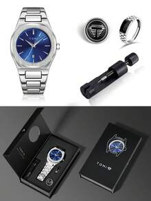 TOMI Men's Quartz Watch Set With Logo Pin & Ring, Fashionable Minimalist Square Dial With Rhinestones, Suitable For Daily Life, Business Events, Father's Day, Valentine's Day, Christmas, Gift - Silver - View 5