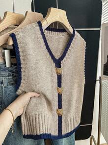 Women's Casual V-Neck Sleeveless Knit Cardigan Vest With Heart-Shaped Metal Buttons, Loose Fit, Contrast Trim, Khaki, Spring/Autumn - Apricot - View 11