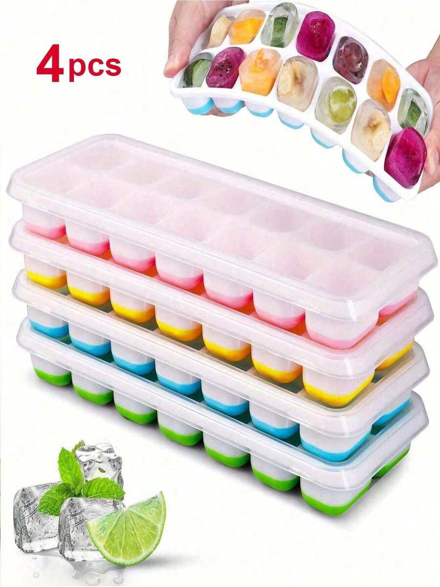 Bộ 4 khay làm đá bằng silicon, dễ lấy đá ra và dẻo, 14 ngăn, 4 màu hỗn hợp, có nắp đậy chống tràn có thể tháo rời, xếp chồng được, phụ kiện nhà bếp, dụng cụ nhà bếp nhỏ. - Nhiều màu - Xem 1