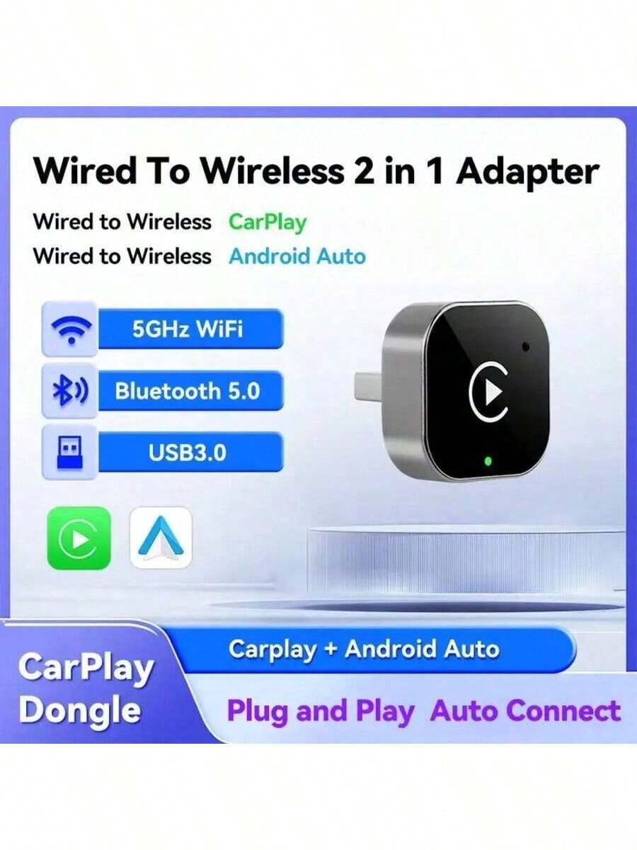 2-In-1 Wireless CarPlay And Android Auto Adapter, Plug And Play CarPlay Dongle Converter, Rapid Auto Connection, No Delay, Compact Design, Compatible With IPhone And Android Devices, With USB/USB-C Port, Supports Wireless Android Auto, Upgrade Car Audio, Modern Car Accessory, Provides High-Quality Audio, Battery-Free