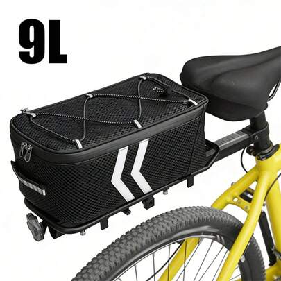 1PC 9L Bike Reflective Trunk Bags Large Capacity Bicycle Rear Seat Bag - Adjustable Strap, Multiple Storage Spaces, Portable & Crossbody Design For Cycling Gear, Black, Bike Storage, Sleek Bicycle Accessory, Secure Zipper Closure