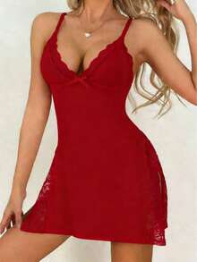 1pc Women's Lace Trim Milk Silk Nightgown Sleepwear Side Slit Solid Teddy Babydoll - 酒紅色 - 查看 2