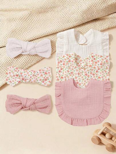 6pcs Soft Breathable Elastic Baby Headbands And Bibs, Super Soft, Comfortable, Adorable Accessories With Cute Bow Decor, Perfect Gift For Newborns And Infants