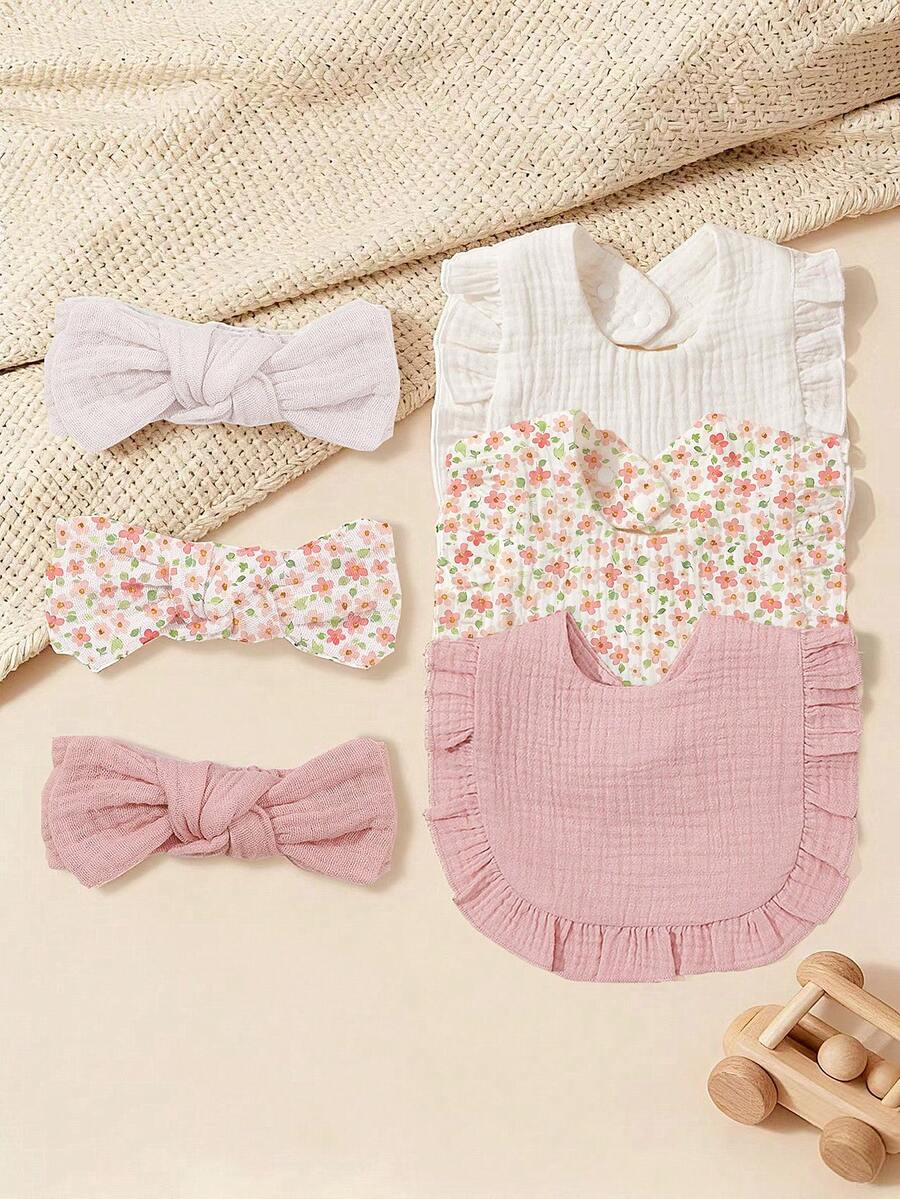 6pcs Soft Breathable Elastic Baby Headbands And Bibs, Super Soft, Comfortable, Adorable Accessories With Cute Bow Decor, Perfect Gift For Newborns And Infants
