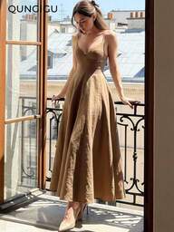 QUNGIGU Vestido de mujer elegante de longitud media con tirantes finos, falda de línea A con textura de lino y cuello en V, vestido de verano fluido y sin espalda para boda, fiesta de cóctel y playa