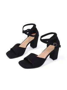 2026 Summer New Fashion Versatile Elegant Rhinestone Embellished Chunky Heel Strap Sandals, Suitable For Office And Commute - Black - View 8