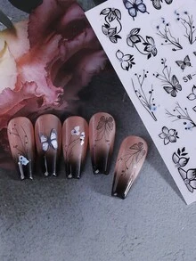 2PCS Black Flower Vine Designs Nail Stickers DIY Elegant Floral Butterfly Acrylic Nail Art Designs Self Adhesive Decals Manicure Nail Art Decoration Accessories For Women Girl - 黑色 - 查看 9