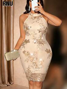 RNU 大码女式优雅闪亮网纱亮片连衣裙，高领，露肩，后拉链，收腰，修身设计，适合音乐会、时尚外出、婚礼宾客、派对和夜间约会等场合。 - 杏色 - 查看 1