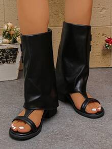 Botas de tobillo con cremallera y tacón grueso de punta abierta para el verano, que se pueden combinar con faldas. Sandalias romanas estilizadoras. Sandalias gladiador retro de hebilla y punta cuadrada plegables en color negro. - Negro - Ver 5