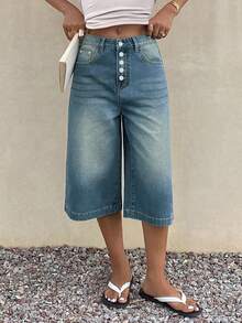 Jeans cortos de estilo retro azul con múltiples botones, pantalones vaqueros capri rectos y sueltos de estilo informal, estilo boyfriend, para verano - Azul - Ver 3