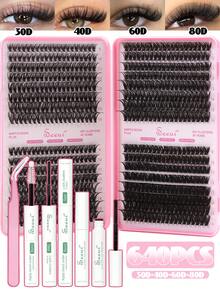 640Pcs Individual Lash Clusters, 30D 40D 60D 80D Lash Clusters Eyelash Extension Kit, 9-16mm Mix Individual Lashes Kit With Lash Bond And Seal, Remove, Lash Tweezers, Novice-Friendly False Eyelashes, Creating 3D Stereoscopic Eye Makeup, Eyelash Extension Kit DIY At Home False Eyelashes - Black - View 1
