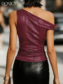 DONICY Top plissé épaules dénudées en faux cuir imprimé serpent bordeaux pour femmes. Style élégant pour les sorties, la Saint-Valentin, les fêtes