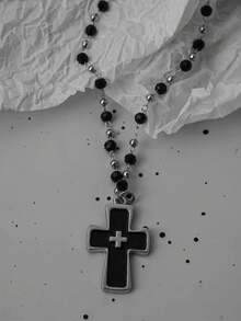 Bộ dây chuyền mặt dây chuyền hình thánh giá và đầu lâu tình yêu phong cách Gothic tối màu, dây chuyền hạt đen hình thánh giá gai nhọn cá nhân hóa theo phong cách Y2K, phù hợp. - màu đen - Xem 3