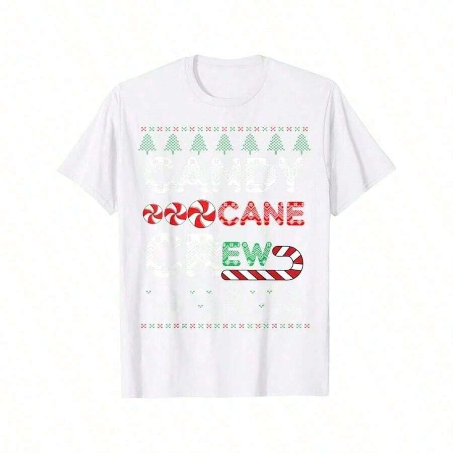 Men's 100% Cotton 180gsm Candy Cane Crew Christmas Pajama T-Shirt - Funny Xmas Sleepwear & Casual Round Neck Tee for Holiday Parties, Year-Round Wear, Machine Washable ( Male) - Blanc - Voir 1