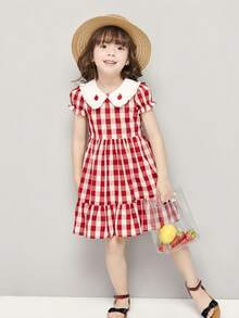 女童可爱彼得潘领连衣裙，女婴格子泡泡袖长裙，新款夏季公主裙 - 紅色 - 查看 6