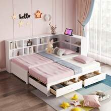 Massivholzsofa 90/180*190cm, Mit Ausziehbarem Bett, Mit Staufach, Multifunktionale Euro-Steckdose, Schubladen, Lattenrost, Multifunktionales Einzelholzbett, Weiss - White - View 4