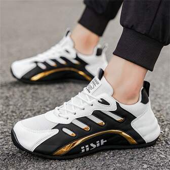 Men's Casual Sports Shoes - Fashionable Geometric Pattern, Breathable Mesh Upper And Durable Outsole, Lace-Up Closure Low-Top Design Suitable For Outdoor Activities All Year Round