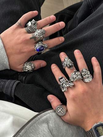 9pcs Gothic Skull Rings, Abnormal Beast Pattern Thick Knuckle Rings, Men's Personalized Charm Jewelry, Holiday Gift