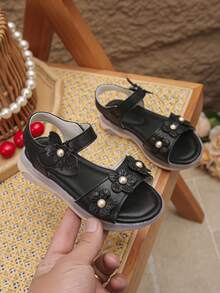 1双夏季女婴花朵图案魔术贴软底平底凉鞋（尺码偏小） - 黑色 - 查看 8