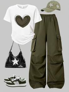 少女爱心印花短袖T恤和工装裤休闲套装 - 軍綠色 - 查看 1