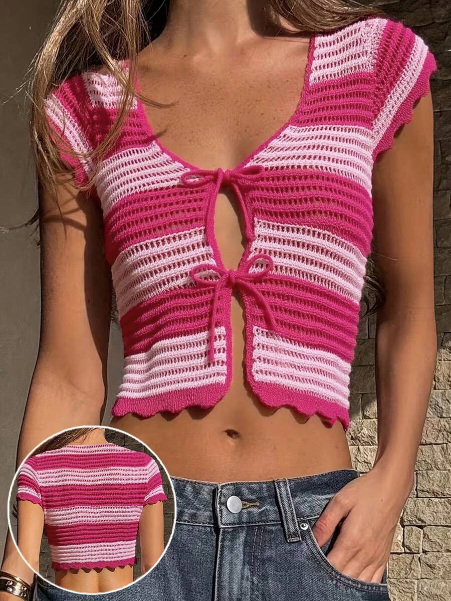 Women's Striped Contrast Color Knit Cropped Cardigan, Short Sleeve, Semi-Sheer, With Tie Drawstring Bow Detail, Asymmetric Hem Pink Summer - Pink - View 1