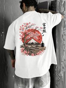 Men's Summer Fashion Minimalist Cherry Blossom & Mount Embroidery Print Round Neck Short Sleeve T-Shirt | Basic Street Casual Tee, Versatile Boyfriend Gift - White - View 8