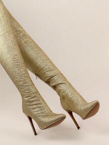 Glossy Pointed Toe Stiletto Heel Side Zipper Sexy Fashion Party Over-The-Knee Boots - Gold - View 3
