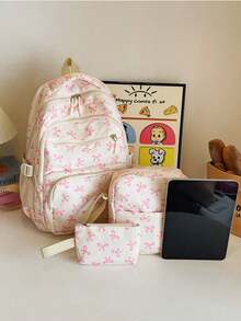 3pcs Nylon Bow Print Backpack Set, Foldable Multi-Po Cket Large CapacityWater-Resistant Zipper Backpack Suitable F Or Teenagers, High School, College Students, Ladies, Daily Use, Commuting, Traveling, Gifts For Valentine's Day - Pink - View 7