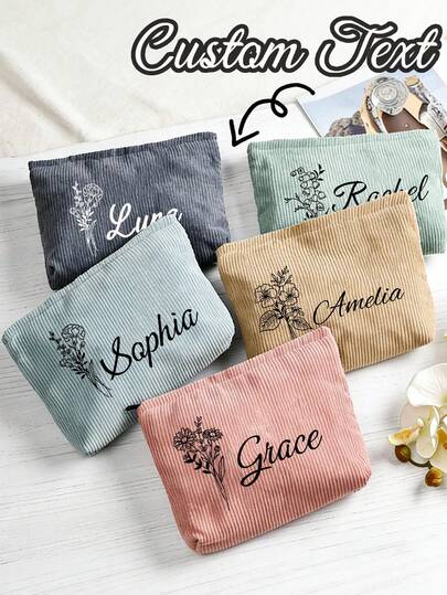 Personalized Corduroy Cosmetic Bag, Can Print Name And Initial, December Floral Theme Custom Makeup Bag, Large Capacity Travel Toiletry Bag, Suitable For Wedding, Bridesmaid/Groomsman, Party Etc. - Unisex Gift, Bridesmaid Bag, Bridal Shower Gift, Christmas Gift, Custom Makeup Bag, Monogram Cosmetic Bag, Printable Name, Makeup Bag, Ladies Toiletry Bag, Travel Toiletry Bag, Personalized Gift, Bridal Party Gift, Bridesmaid Gift