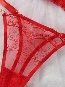 2pcs Women's Sexy Lingerie Set, Red Embroidered Lace Trim With Gold Chain, 3/4 Cup Cutout Design Adjustable Bra And Panty Set - Red - View 4