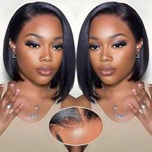 Straight 5x5 Glueless Lace Wigs Bob Human Hair Wig Pre Plucked Transparent Lace Wig For Women Glueless Wear And Go Wig Short Straight Human Hair Wigs150% Density Virgin Hair - Natural Black - View 4