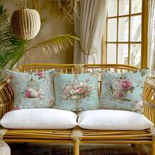 4件套复古蓝色玫瑰花卉抱枕套，单面印花桃绒面料，尺寸分别为45*45/50*50/40*40厘米，适用于现代简约沙发客厅装饰，亦可作为礼物或派对装饰。 - 彩色 - 查看 4