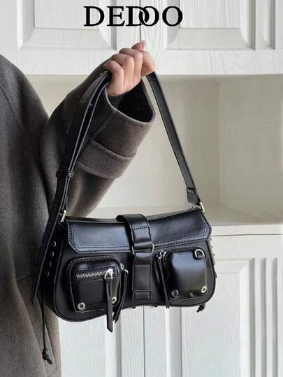 Dedoo Women's Solid Color 2025 New One Shoulder Bag, Solid Color Large Capacity Multi-Pocket Retro Y2K Long One Shoulder Bag, Can Be Carried Under The Armpit, Hippie Fashion One Shoulder Bag, Suitable For Cool Girl Handbag And Wallet