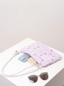 Ditsy Floral Bohemian Style Beach Bag, Women's Holiday Outfit, Travel Essential, Ladies Handbag, Women's Gift, Valentine's Day, Elegant Ladies Bag (Random Pattern) - Mauve Purple - View 6