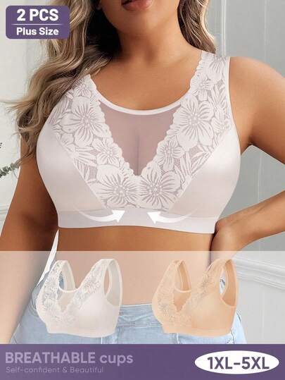 MEIYATING 2pcs Women Plus Size Soft Wireless Bras, Full Coverage Lace Mesh Breathable Camisole Bras
